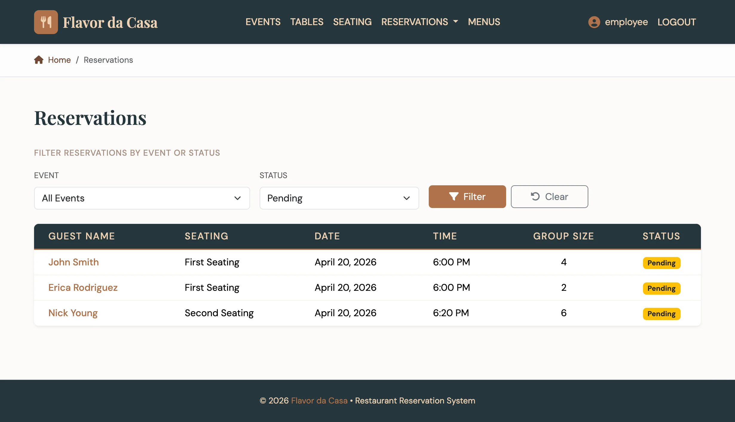 Reservation Dashboard - filterable by event and status, with color-coded badges